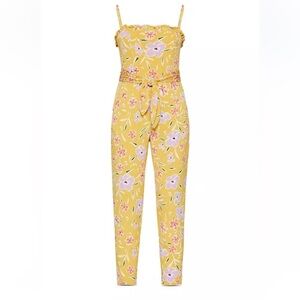 BCBGeneration Floral Colorful Jumpsuit with Square Neck and Ruffle Trim XXS